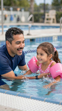 Hispanic father teaching daughter to swim using water arm floaties in pool