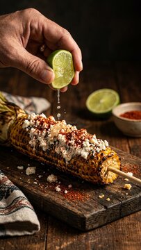 Mexican elote grilled corn with hand squeezing lime juice on rustic wooden board moody lighting