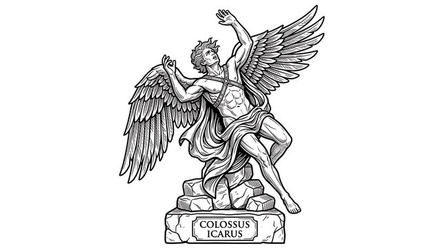 Engraved Illustration of Icarus the Greek Mythological Hero with Large Wings on a Stone Pedestal