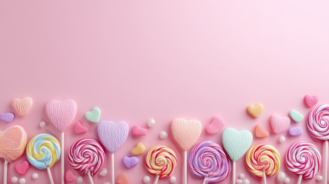 Romantic Valentine s Day border of pastel candy hearts and swirled lollipops arranged along the bottom edge on soft pink background with empty copy space