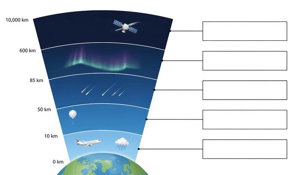 2D vector diagram of Earth atmosphere layers with altitude markers and blank callout boxes, educational geography worksheet template