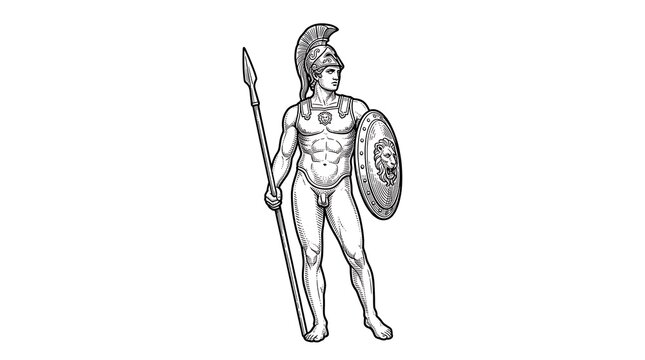 Antique Engraving Illustration of an Ancient Greek Spartan Warrior with Spear and Lion Head Shield