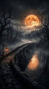 Spooky Halloween landscape with full moon, ancient stone bridge over misty river at night, dark gothic forest with dead trees and bats