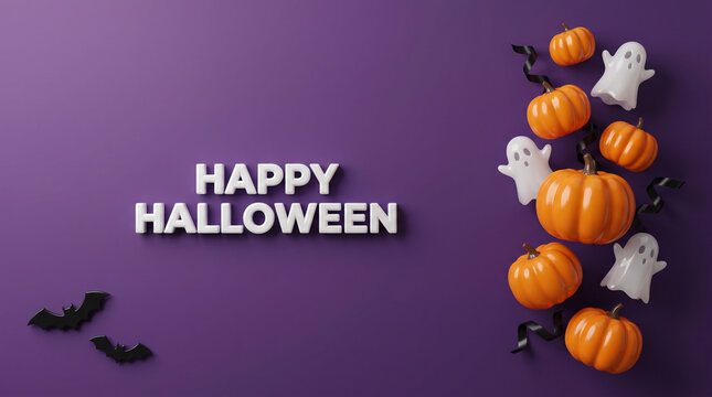3D Happy Halloween background featuring a right-side cluster of orange pumpkins, white ghost figures, black bats, and typography on a solid purple wall.
