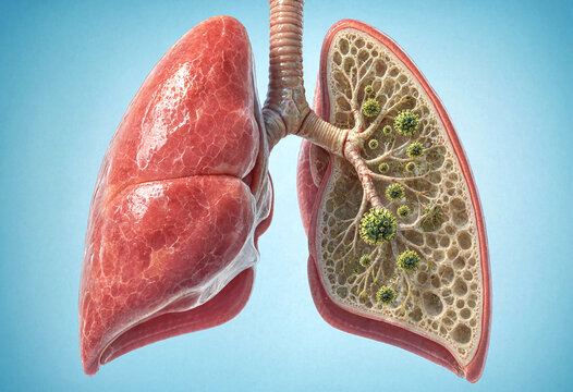 Human lungs affected by virus particles inside bronchial structure