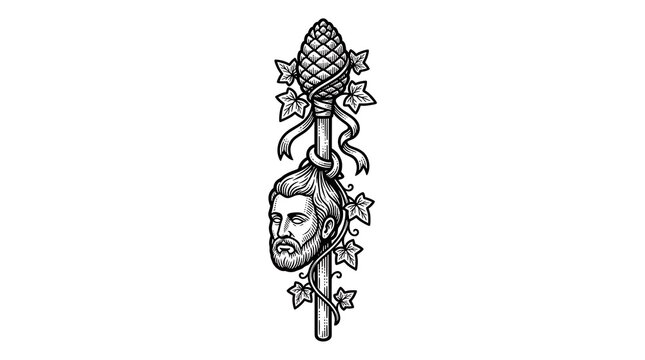 Vintage Engraving of Thyrsus Staff with Pine Cone Ivy Leaves and Severed Bearded Head Illustration