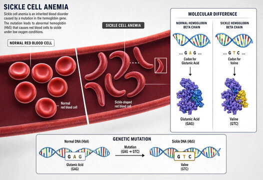 Illustration showing sickle cell anemia genetic mutation and hemoglobin difference