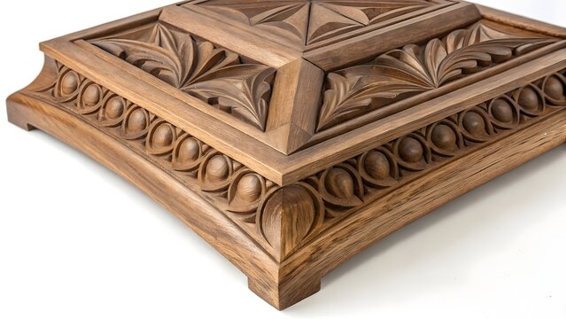 Wood carving features intricate geometric patterns and ornate relief designs crafted by a skilled artisan.
