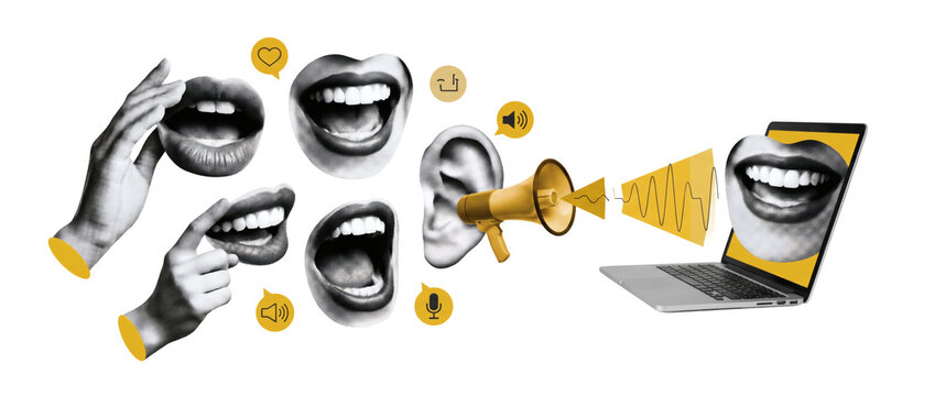 Media breaking news gossip sticker, collage of yelling retro shouting mouths, acoustic megaphones, and sound speech waves. Sensational journalism broadcast on transparent background.