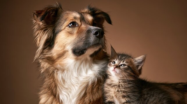 Close-up portrait of a mixed breed dog and a small tabby kitten looking attentively in the same direction against brown background