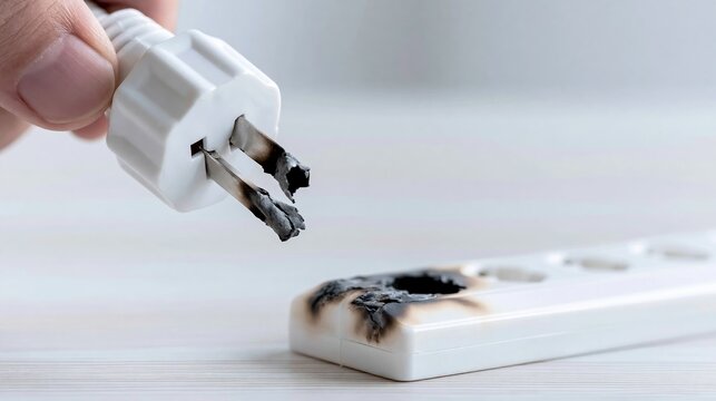 Hand holding a damaged electrical plug with burned prongs over a melted power strip, illustrating an electrical malfunction and fire risk