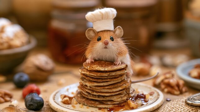 Cute small brown mouse wearing tiny chef hat sitting on stack of pancakes with syrup and nut pieces in rustic kitchen setting