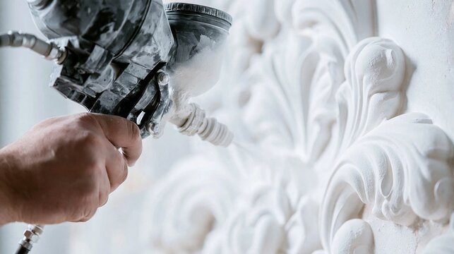 Hand applying white paint with a professional spray gun onto an ornate wall, creating a luxurious and elegant interior finish