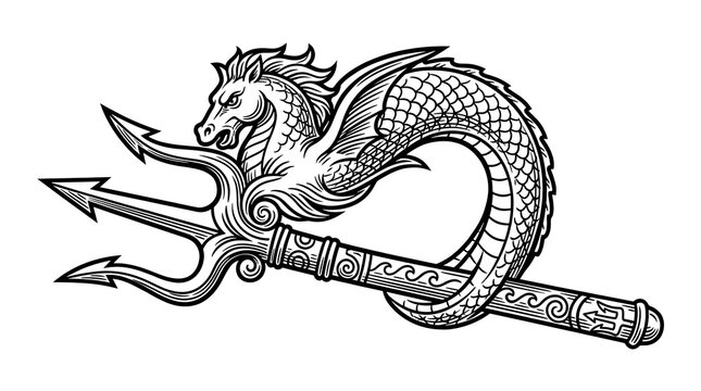 Mythical Hippocampus Sea Horse Entwined Around Poseidon Trident Spear, Heraldic Line Art Illustration