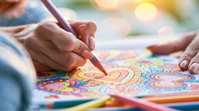 Close up of hands coloring heart and floral designs in an adult coloring book, showing creativity, relaxation, and mindfulness