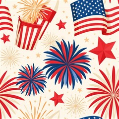 Fototapeta premium American flag, fireworks, and stars on cream background for patriotic celebration