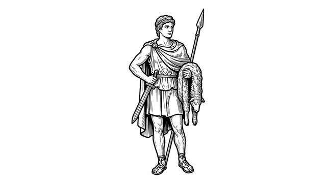 Ancient Greek Hero Jason Holding the Golden Fleece with Spear and Sword Vector Engraving Illustration