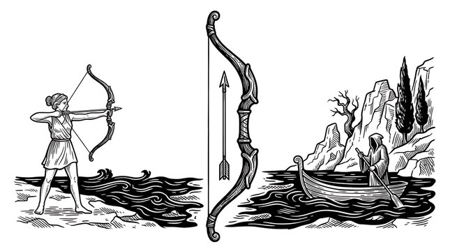 Vintage Woodcut Illustration Set Featuring Ancient Greek Archer Bow Arrow and Charon on the Styx River