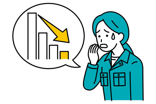 下降するグラフと動揺している作業員の女性