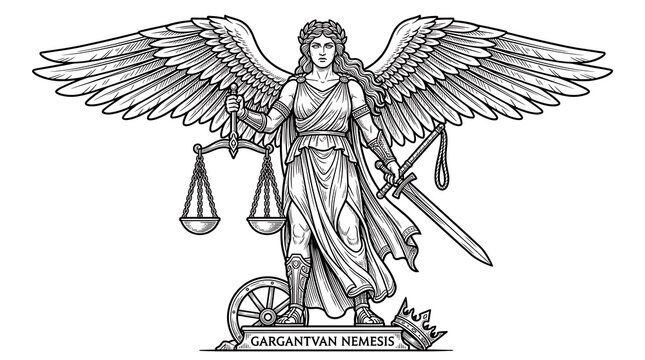 Gargantuan Nemesis Greek Goddess of Retribution Holding Justice Scales and Sword Engraving Art