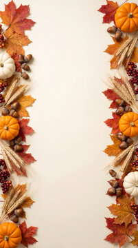 Thanksgiving decorative frame with autumn leaves and pumpkins on light background