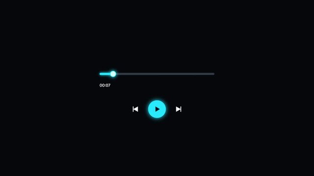 Minimalist audio player user interface animation with glowing progress bar on dark background