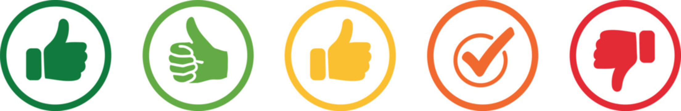 Rating, feedback scale thumb color symbols, circle outline icons representing excellent, good, average, poor, and bad responses for customer reviews and surveys.