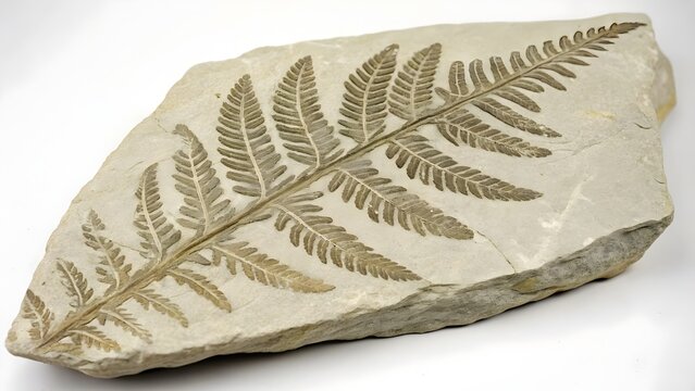 Fern fossil imprinted on a light-colored sedimentary rock block is displayed against a clean white background.