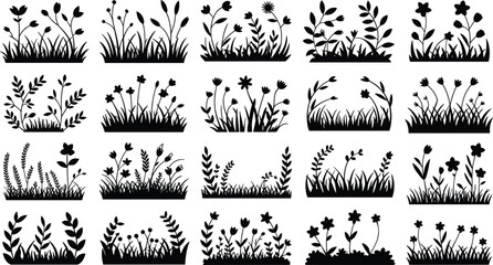 Fototapeta premium Set of black grass and flower silhouettes for decorative design elements on white isolated background