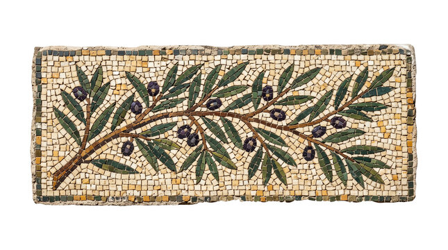 Ancient Roman style mosaic art of an olive branch, decorative stone tile with green leaves and black olives, Mediterranean floral mosaic pattern isolated PNG with Transparent Background