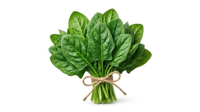 Fresh bunch of green spinach leaves tied with a simple string rustic style