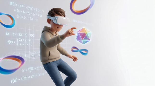 illustration featuring smart teenager exploring abstract mathematics via virtual reality equipment amidst floating geometric topology ring equations inside modern educational simulations