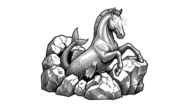 Majestic mythical hippocampus sea horse creature emerging from rocks in vintage engraving style