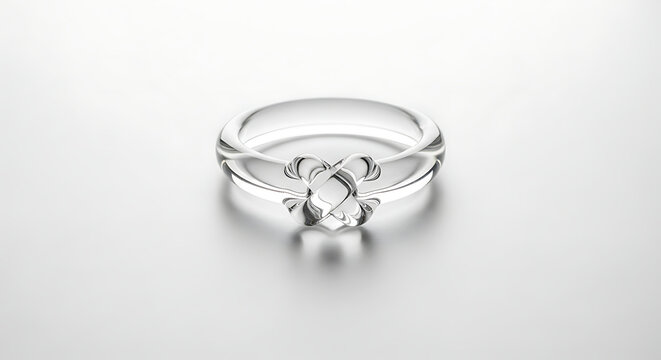 Photorealistic transparent glass ring with an intricate interlocking knot design sitting on a reflective white surface, high-end jewelry 3D render for luxury fashion concept.