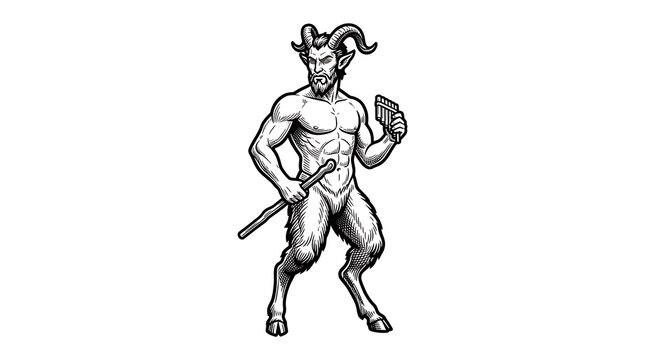 Ancient Greek Mythological Satyr Pan Character with Horns and Panpipes Woodcut Line Art Illustration