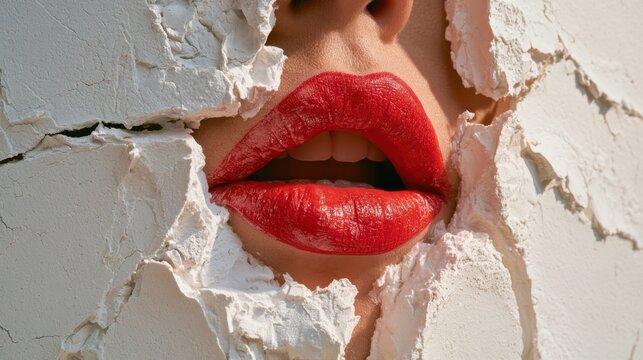 Close-up of female lips with bright red lipstick breaking through cracked white plaster wall textured background