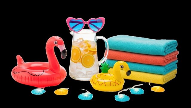 Summer vacation essentials with pink flamingo floatie heart sunglasses refreshing citrus water and colorful beach towels on black background