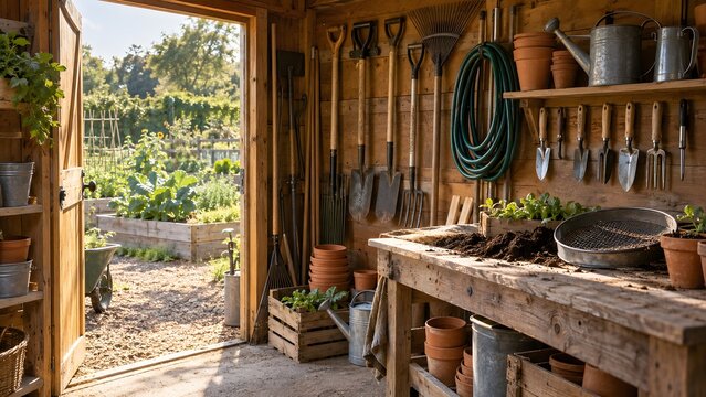 Community garden shed with hand tools pots and seedlings inside