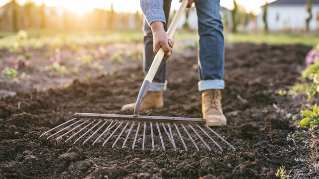 Person raking and leveling dark, rich soil in a garden plot at sunset, preparing for future growth and cultivation