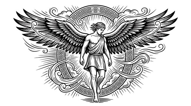 Ancient Greek Winged God Icarus Illustration in Woodcut Style with Ornate Meander Pattern Background