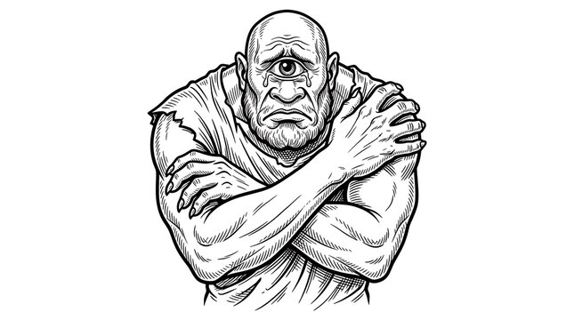 Mythological crying cyclops giant hugging himself in sadness isolated black and white vector art