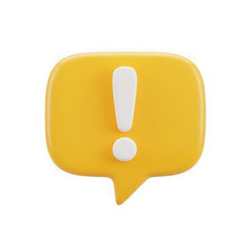 3d yellow speech bubble icon with a white exclamation mark for notification