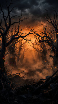 Spooky haunted forest at night with glowing orange light, eerie dead trees in a misty dark woods, mystical fantasy landscape with fog and fireflies