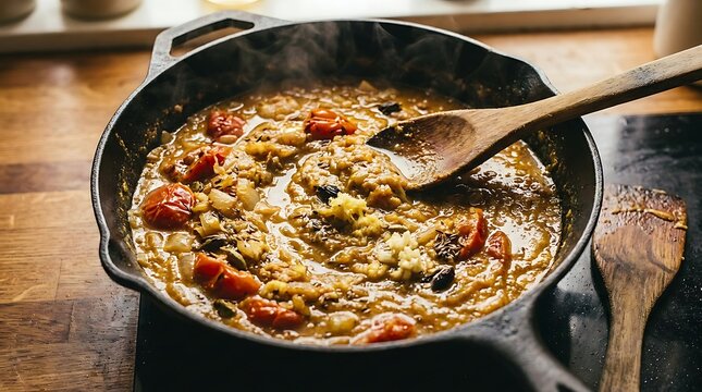 Delicious healthy bean stew cooking in a black iron cast skillet on a wooden kitchen table. Curry cooking guide