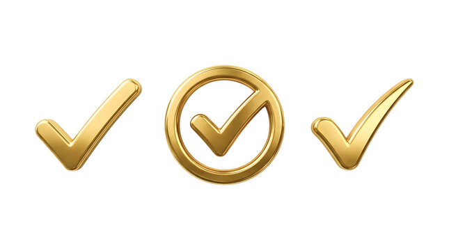 Golden check mark icons set, 3D metallic gold tick symbols on white background, premium quality approval and success signs for business