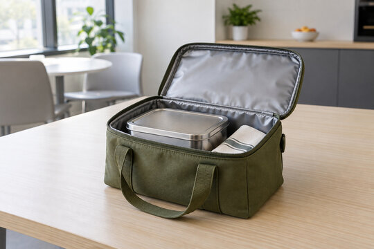 Insulated lunch bag with stainless container in office break room