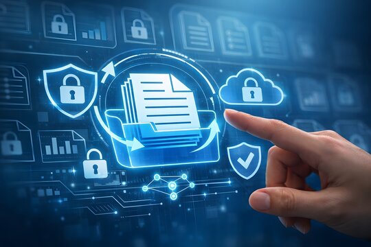 Document Management System DMS in Business. Digital File Database Technology. Businessman Touching File Icon on Many Folders
