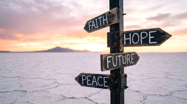 Wooden Signpost with Faith Hope Future Peace Words in Salt Flat