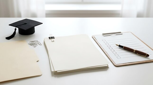 Graduation cap with a clipboard and paper on a desk for education and school planning concepts. University submission checklist