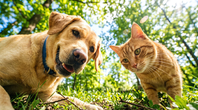 Golden Retriever Dog and Orange Cat Looking Down at Camera Outdoors